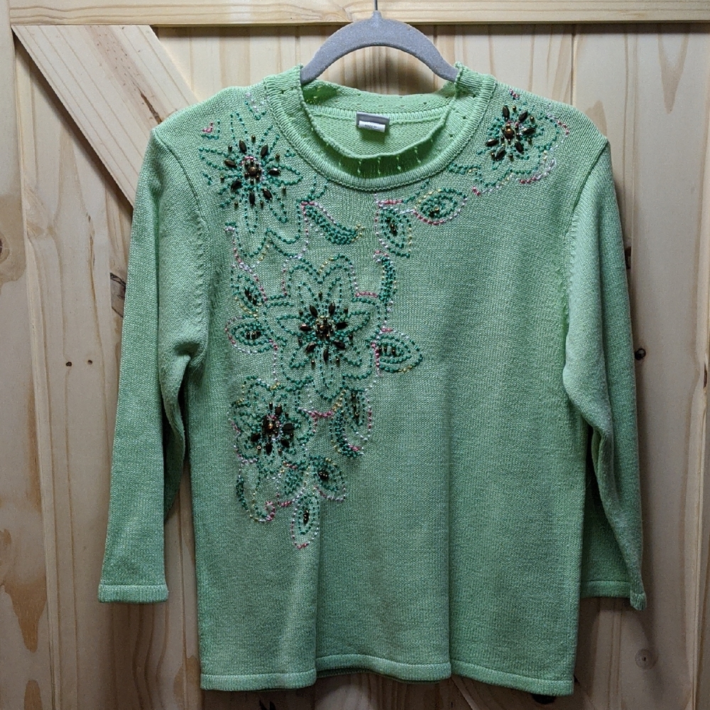 Floral Embellished Green Sweater By Adrian Delafield